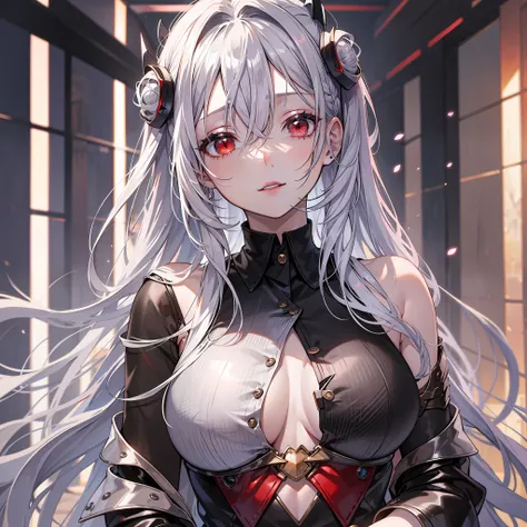 Kizi，（silber hair:1.5），Shiny hairstyle，Messy hairstyle，long whitr hair，耳Nipple Ring，（red - eyed:1.2），collofull eyes，Clear red lips，super detailing，Perfect face，Textured transparent garment，black uniforms，（perfect bodies:2.0），Retina Screen，ultra-realistic r...