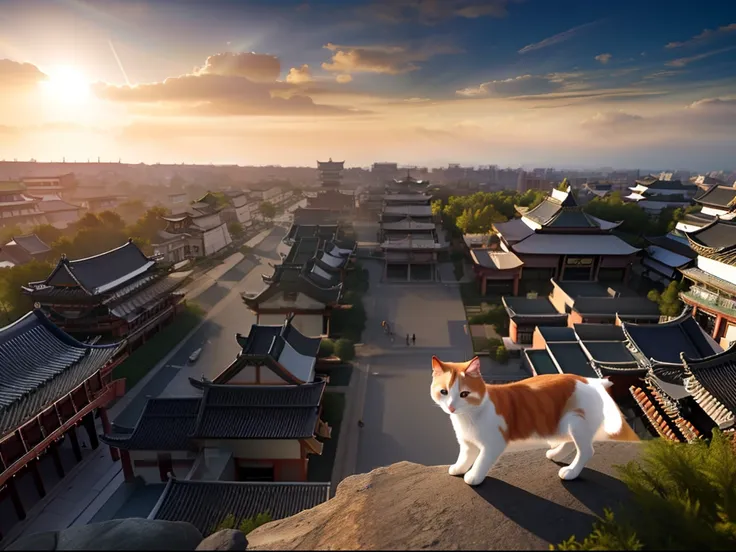 best quality, masterpiece, highres, (1 calico cat walking on ancient asian city view), tyndall effect,photorealistic, dark studio, rim lighting, two tone lighting,(high detailed skin:1.2), 8k uhd, dslr, soft lighting, high quality, volumetric lighting, can...