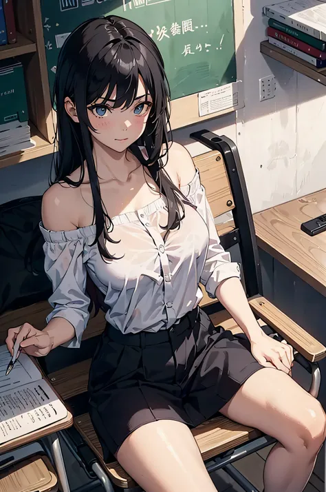 （tmasterpiece），（best qualtiy），（highly  detailed），（illustratio），（超高分辨率）one-girl，Off-the-shoulder attire，ssmile，(Off-the-shoulder attire)，tutor，Black color hair，straight long hair，white  shirt，Mature woman，huge tit，scowling，Top-down view，Close-up shot，Write ...