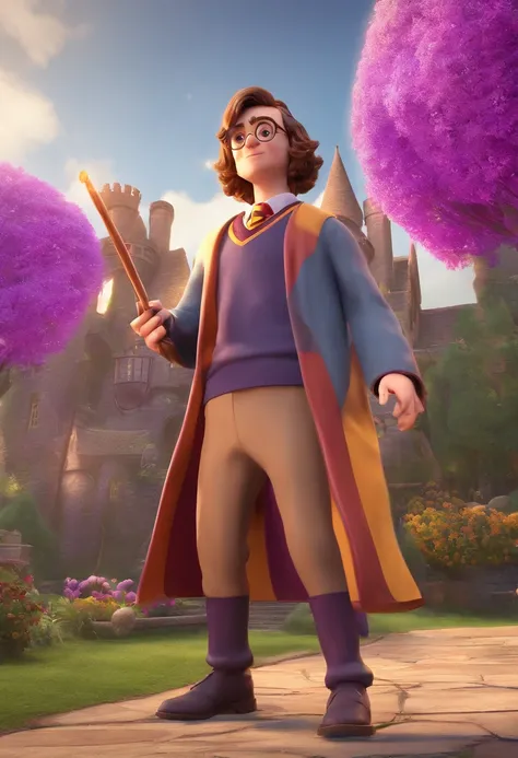 Harry Potter graphic designer, using the wand in one hand and in the other a laptop using photoshop in the other.. The background colors must be purple. The scene follows Pixars signature digital art style, focusing on character expressions, digital art an...