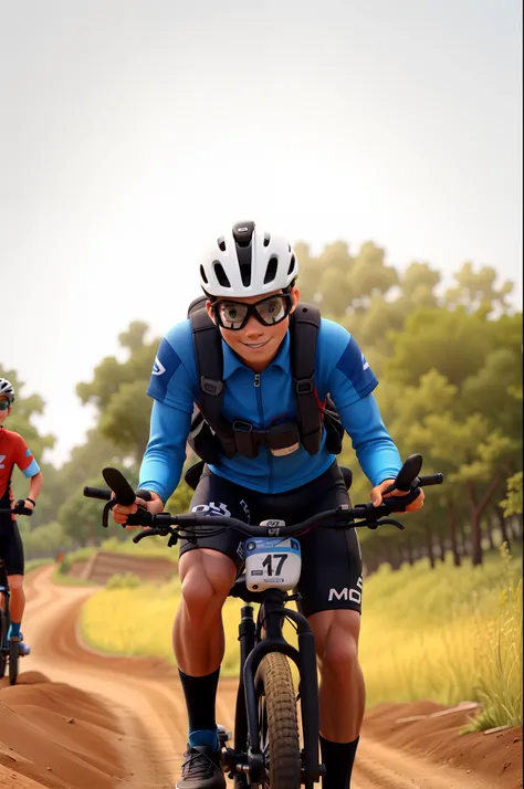 Boy Cyclist Competing In A Dirt Road Marathon And Cyclist Goggles