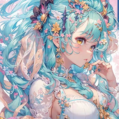 ((Masterpiece, Highest quality)), Detailed face, ， full bodyesbian, Full of details, random poses and expressions, Highly detailed, Depth, Many part big ass, areola slip, random hairstyle, aqua coloured hair++, fluffy hair accessories, harajuku, loads of a...