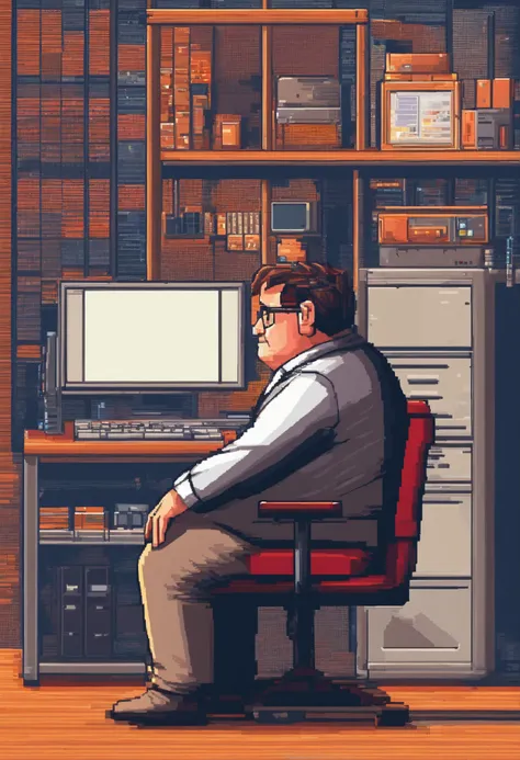 portrait of a chubby programmer sitting front of computer, best quality, photorealistic, masterpiece