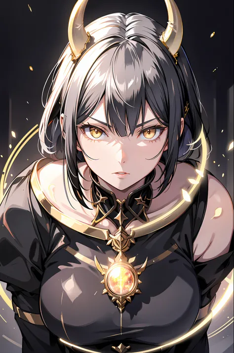 realistic, 1girl, black hair, horns, yellow eyes, glowing, bare shoulders, glowing eyes, magic circle, light particles, light rays, wallpaper, demon, pale skin