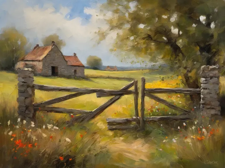 foreground wooden farm gate in old dry stone wall with grass and plants. middle ground English rural farmhouse and trees with a field in front with scattered wildflowers and a path to the gate. atmospheric sky in the background. hi res. realistic.