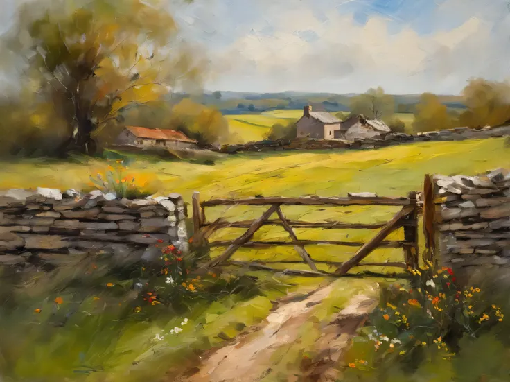 foreground wooden farm gate in old dry stone wall with grass and plants. middle ground English rural farmhouse and trees with a field in front with scattered wildflowers and a path to the gate. atmospheric sky in the background. hi res. realistic.