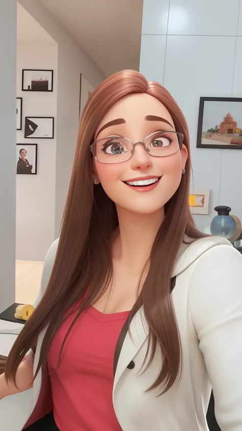 Uma mulher de 30 anos, com cabelos castanhos cumpridos, Rosto redondo, rosto redondo com sorriso encantador, e olhos castanhos, wearing glasses.  pixar animation