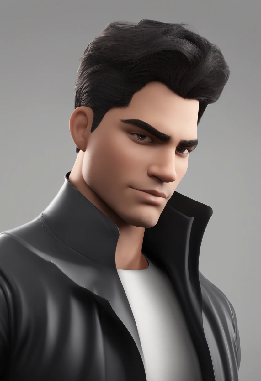 Personagem de desenho animado de um homem , magro de cabelo preto liso, nariz afilado , boca pequena , olhos pequenos . Usando uma camisa preta de manga comprida. Calca branca em estilo renderizado 3d animacao disney pixar