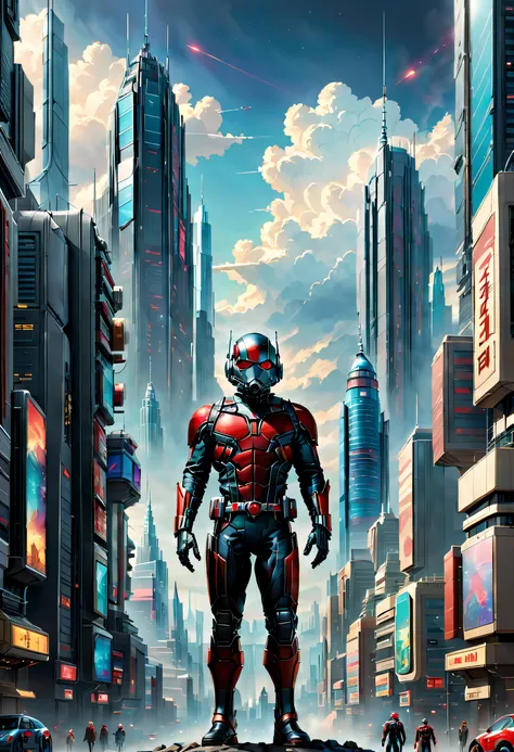 Heroes of the Marvel Universe，Giant cyberpunk Ant-Man，Standing tall in a futuristic sci-fi mini-city，a tall body，Towering over the landscape，Tiny futuristic city streets are at Ant-Mans feet，It looks very small，Very small Earth，The clouds are at Ant-Mans w...