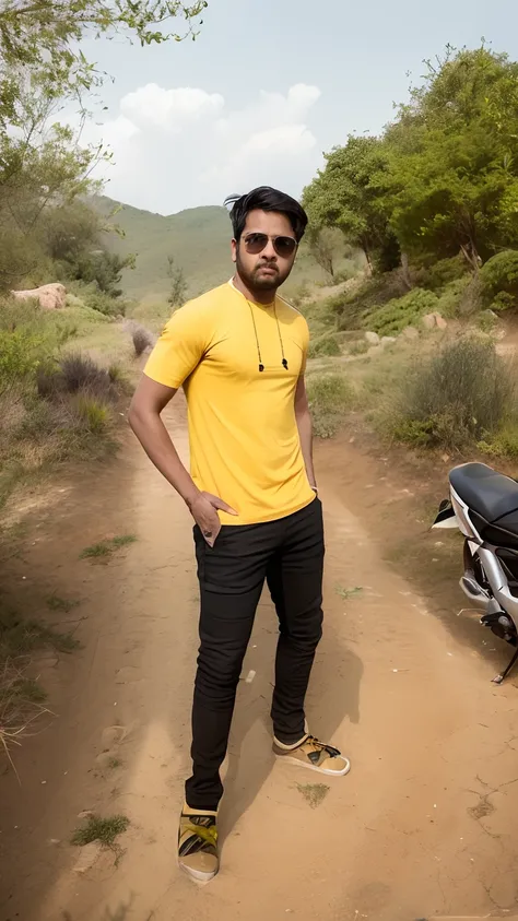 there is a man standing on a dirt road next to a motorcycle, standing in road, wearing a modern yellow tshirt, inspired by Saurabh Jethani, stylish pose, full body photogenic shot, with a cool pose, * colour splash *, in front of a forest background, amids...