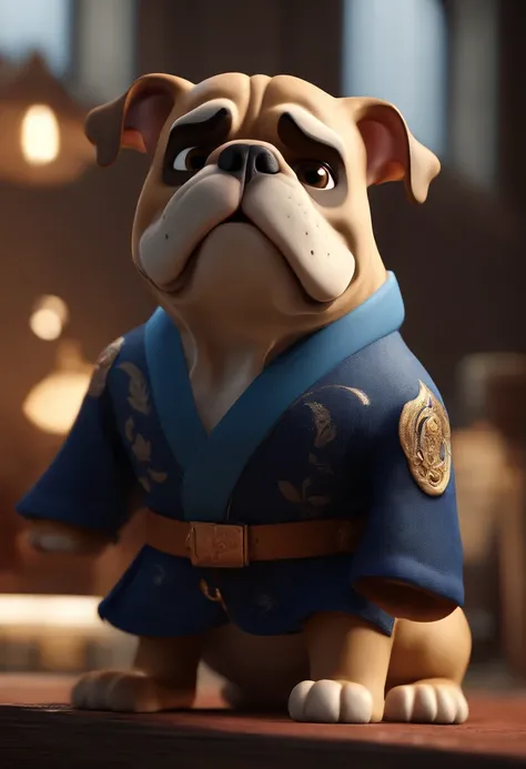 Cartoon character of a bulldog with black kimono and a blue shirt, animation character, Caractere estilizado, animation style rendering, 3D estilizado, Arnold Maya render, 3 d render stylized, toon render keyshot, Personagem 3D, Personagem 3D, 3d rendering...