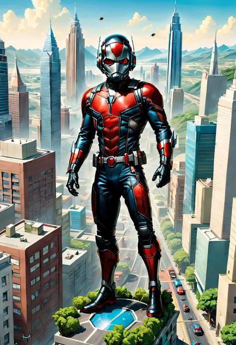 Heroes of the Marvel Universe，Giant Ant-Man，Standing tall in a mini-city，a tall body，Towering over the landscape，Tiny city streets are at the feet of Ant-Man，It looks very small，Very small Earth，Tokusatsu