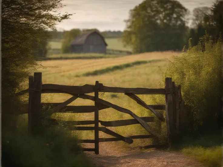 foreground wooden farm gate in old dry stone wall with grass and plants. middle ground English rural farmhouse and trees with a field in front with scattered wildflowers and a path to the gate. atmospheric sky in the background. hi res. realistic.