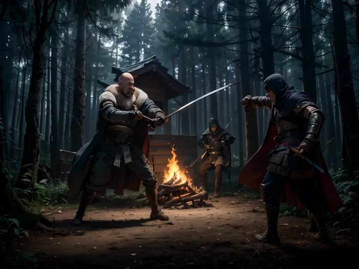 (Two robbers attacking samurai), ( robbers: dynamic poses, dirty clothes, male, dark capes, fur, no armor,archer, mace),( samurai: blue kimona, calm, bald, fat), (background: wooden shelter in dark forest, campfire, muddy ground )