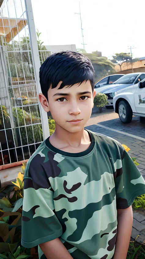 Arafed boy in camouflage shirt holding a donut in front of a building, mateus 9 5, menino tem cabelo preto curto, Riyahd Cassiem, Reyyan, Condutor de Ene, Alex, cabrito, caio santos, Aykut Aydogdu, Directed by: Nandor Soldier, icaro carvalho, imagem do ava...