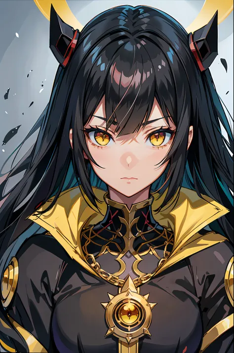 anime image of a woman with long black hair and yellow eyes, vanitas, black anime pupils in her eyes, close up of a young anime gir, cel shaded anime, with glowing yellow eyes, close up, anime still image, anime still