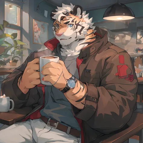 anime - style illustration of a tiger drinking a cup of coffee, cozy cafe background, fullbody commission for, pov furry art, de...