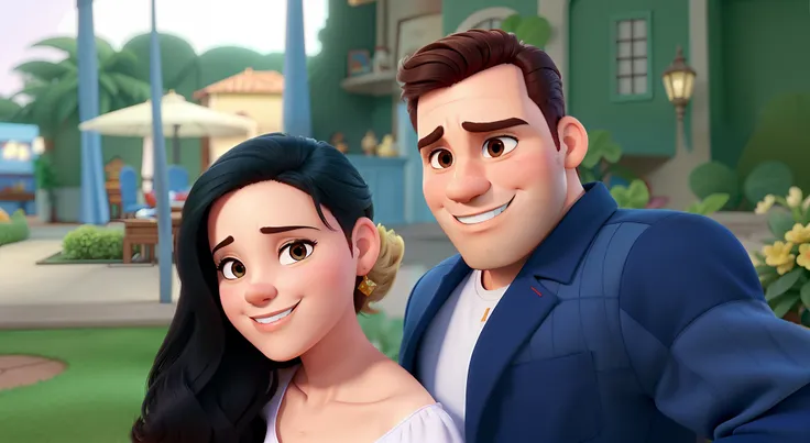 Casal (homem moreno e mulher branca) no estilo Disney Pixar, alta qualidade, melhor qualidade.