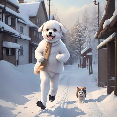 A movie poster with Disney logo.
The title is Remong. 
Bichon Friese with small ears is laughing as she runs around in the snow.