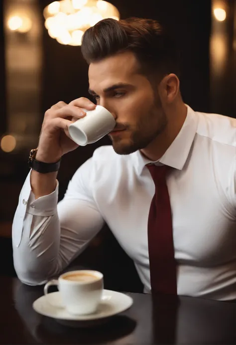 1man, 
a 30 y.o muscular male wearing long-sleeve white shirt and tie, drinking coffee,
soft lighting, 
masterpiece, best quality, 8k uhd, dslr, film grain, Fujifilm XT3 photorealistic painting art by midjourney and greg rutkowski