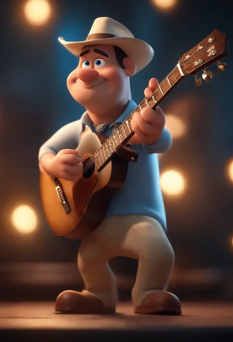 48 year old man in white shirt with blue sleeves playing guitar on top of electric trio Stylized character, animation style rendering, 3D estilizado, Arnold Maya render, 3 d render stylized, toon render keyshot, Personagem 3D, Personagem 3D, 3d rendering s...