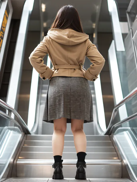 Escalator skirt ascent、the coat is short、Lower body close-up、looks from behind、The camera angle is very low、Slouched、Slouched、Protruding buttocks