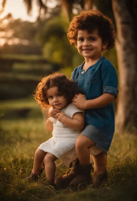 menino: Miguel, aproximadamente 5 anos de idade, cabelo curto estilo Disney, olhos castanhos e sorrisos. garota: Giovana, 2 anos, longos cabelos pretos e olhos azuis. scenecy: Miguel and Giovana are in a cozy little house in the valley, ao fundo um dia ens...