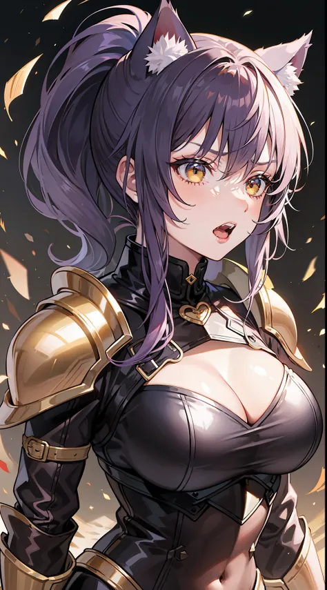 Adult woman, dark purple hair, low ponytail, golden eyes, cat ears, Tight-fitting leather armor, anger, Masterpiece, hiquality