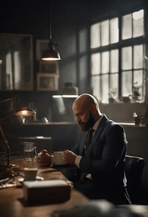 Um homem de 15 anos, with a sawed-off beard and bald head, vestindo camisa branca de manga comprida e gravata, drinking coffee, In a dimly lit office, Obra-prima, melhor qualidade, 8k UHD, DSLR, grain of film, Pintura fotorrealista Fujifilm XT3 midjourney ...