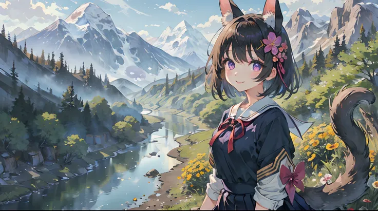 furry female, solo, dot_warner_shoujo, short hair, bangs, flower, hair ornament, purple eyes, animal ears, school uniform, serafuku, short skirt, body fur, tail, smile, looking at viewer, mountain, river