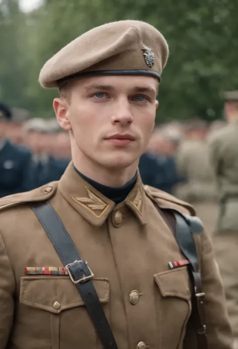 A young male soldier of the German Wehrmacht in World War II，blonde with blue eyes，Handsome face，With a steel helmet，Walk in a run-down city，There was blood and fire all around。