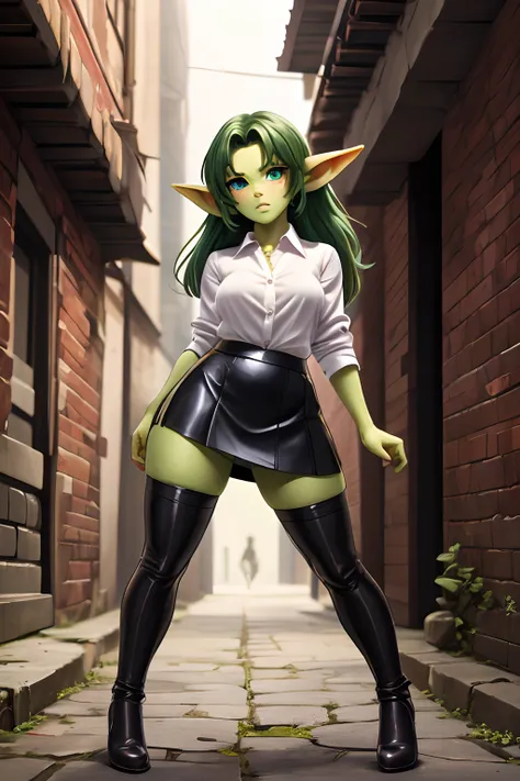 goblin girl, short stature, dark green long hair, beatiful face, sexy facial expression, facing the camera, green skin, skin col...