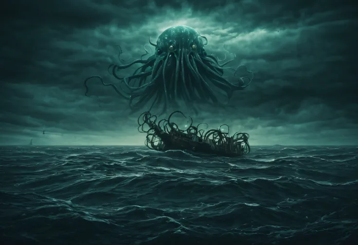 Dive into the realm of cosmic horror and ancient nightmares with this captivating prompt for a photography of a colossal Lovecraftian horror, rising from the depths of the ocean, with minuscule references to humanity, emphasizing their vulnerability. The c...