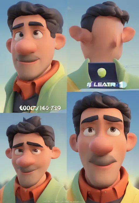 Homem 45 anos, latino, cabelo negro curto, fazendo sinal de "Joinha", boca aberta de surpresa, alegria, arte 3d estilo disney pixar