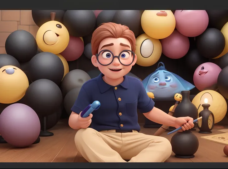 Pixar Round Face Boy Animation, cabelo castanho escuro curto ondulado, Magic Style Holding a Magic Wand