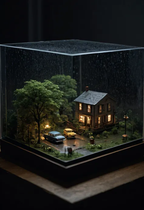 Photography of a miniature landscape inside a glass cube, portraying a rainy night. The cube is filled with a meticulously crafted scene, featuring tiny buildings, trees, and people. Outside the cube, the space is kept minimalistic with a simple background...