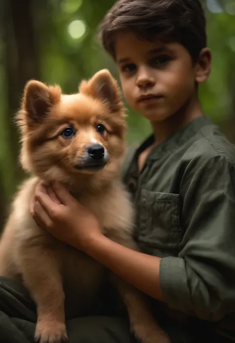 Um lindo menino de 4 anos, de olhos cor de mel, holding a Spitz alemão puppy, em uma floresta, imagem ultrarealista, realista, 8k