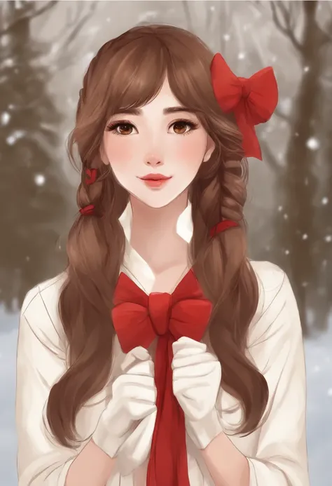 km, 1girl in, ascot, blush, Bow, Brown eyes, Brown hair, Hair Bow, hair tubes, komono, Long hair, mittens, nontraditional miko, 1-hour drawing challenge, Open mouth, Portrait, Red bow, Red mittens, scarf, side locks, Simple background, Solo, White backgrou...