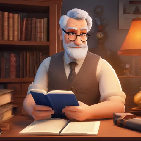 Crie um cartaz inspirado na Disney Pixar com o personagem sendo o pastor Rubens Janier, A gray-haired man wearing glasses, in an office with a Bible on the table