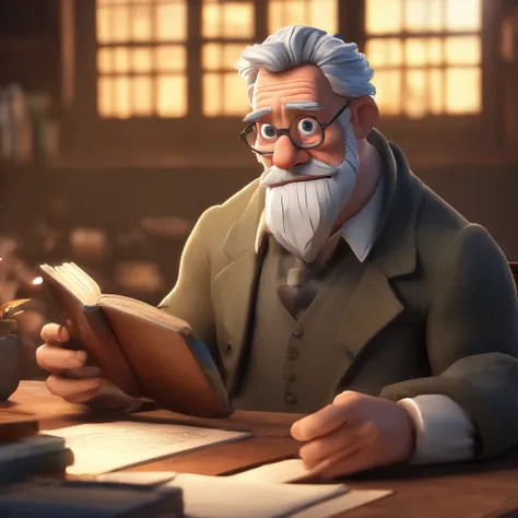 Crie um cartaz inspirado na Disney Pixar com o personagem sendo o pastor Rubens Janier, A gray-haired man wearing glasses, in an office with a Bible on the table