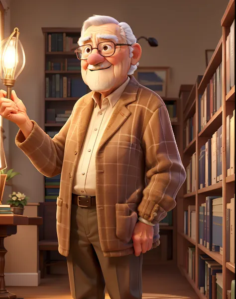 A wise old man standing in front, illuminated by the light of a lamp, against the backdrop of a library