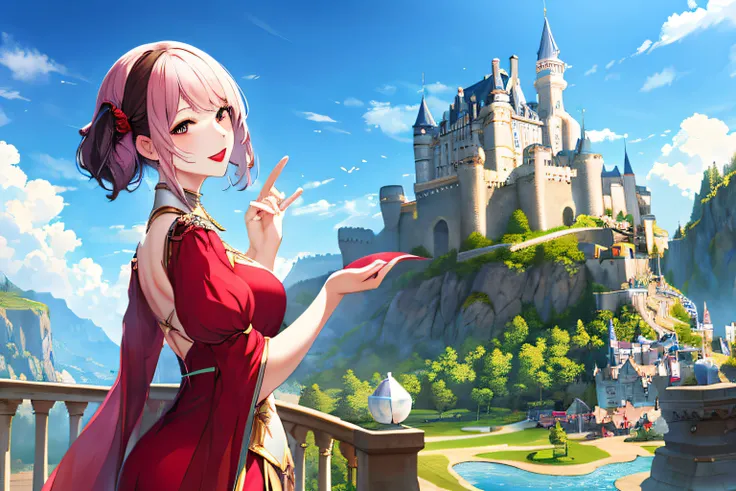 Fantasia,Castle in the background、girl with、Fantasy clothes、blue-sky、Surrounded by cute creatures, hight resolution, ultra-detailliert, highest details, Red lips