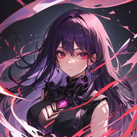 Woman, long dark purple hair, red eyes with a bright light, black long dress, witch, silver jewelry in the shape of ribs, metal mask on half of the face,