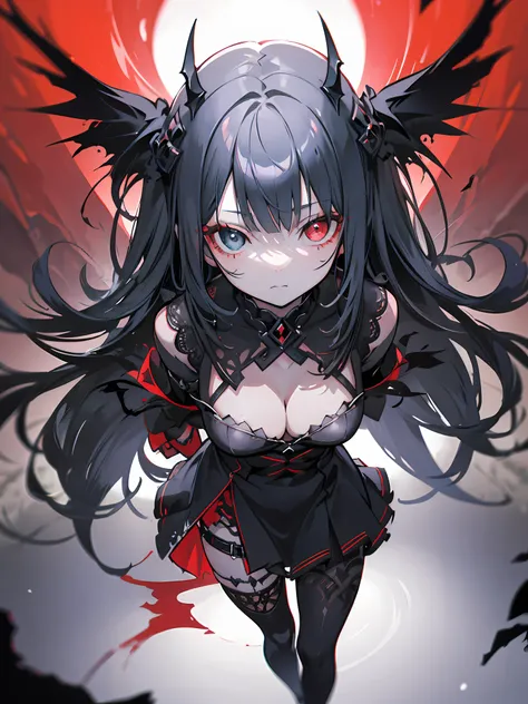 In a realm cloaked in darkness and despair, an enigmatic figure emerges—an anime girl draped in an aura of sinister allure. Slim figure，Breasts are medium in size, her presence commands attention. Her sharp, crimson eyes pierce through the gloomy atmospher...