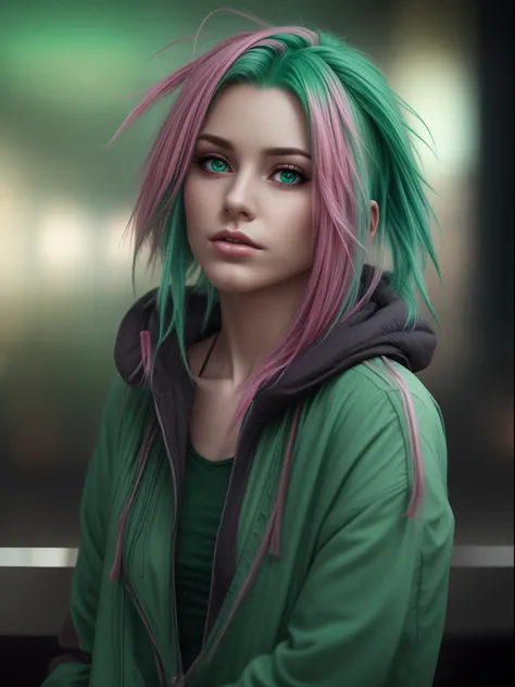 Woman, realistic character, green hair with pink locks, blue eyes, semi-realistic, Alone, modern, blurred background, dark moody chocolate settings