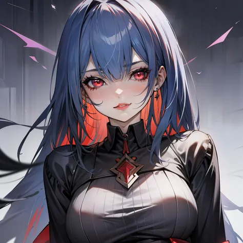 "Girl with intense and menacing gaze, confidently smirking.", Black hair, red eyes, red lips, dark unique outfit, aesthetic