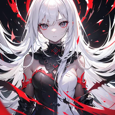 1girl, absurdly high resolution, masterpiece, extremely detailed, realistic, long white hair, (black eyes), sharp face, sharp eyes, scary face, slender, small, young, (glowing white), (black cracks in skin), red waves of power flowing, looking at viewer, m...