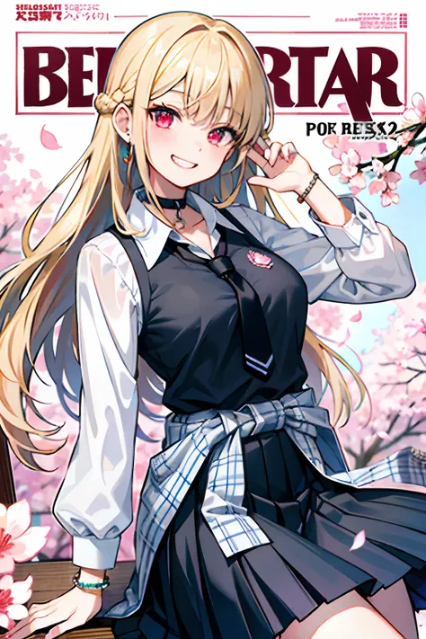 masterpiece, best quality, full body, 1girl, bangs, black choker, black necktie, blonde hair, blue skirt, blush, bracelet, breasts, choker, clothes around waist, collarbone, collared shirt, cowboy shot, dress shirt, ear piercing, eyebrows visible through h...