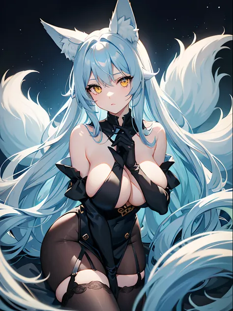 Long Hair, Light Blue Hair, Yellow Eyes, Heart pupils, bare shoulder, Fox Ears, 9 Tails, Big Boobs, Wearing Black Dress, Long Stocking, Nighttime, Wearing Black Gloves, Inside a house