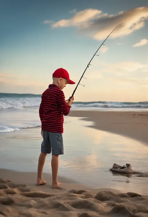 skinny, bald boy in a cap, fishing for a big fish on the beach, wearing a black and red striped blouse